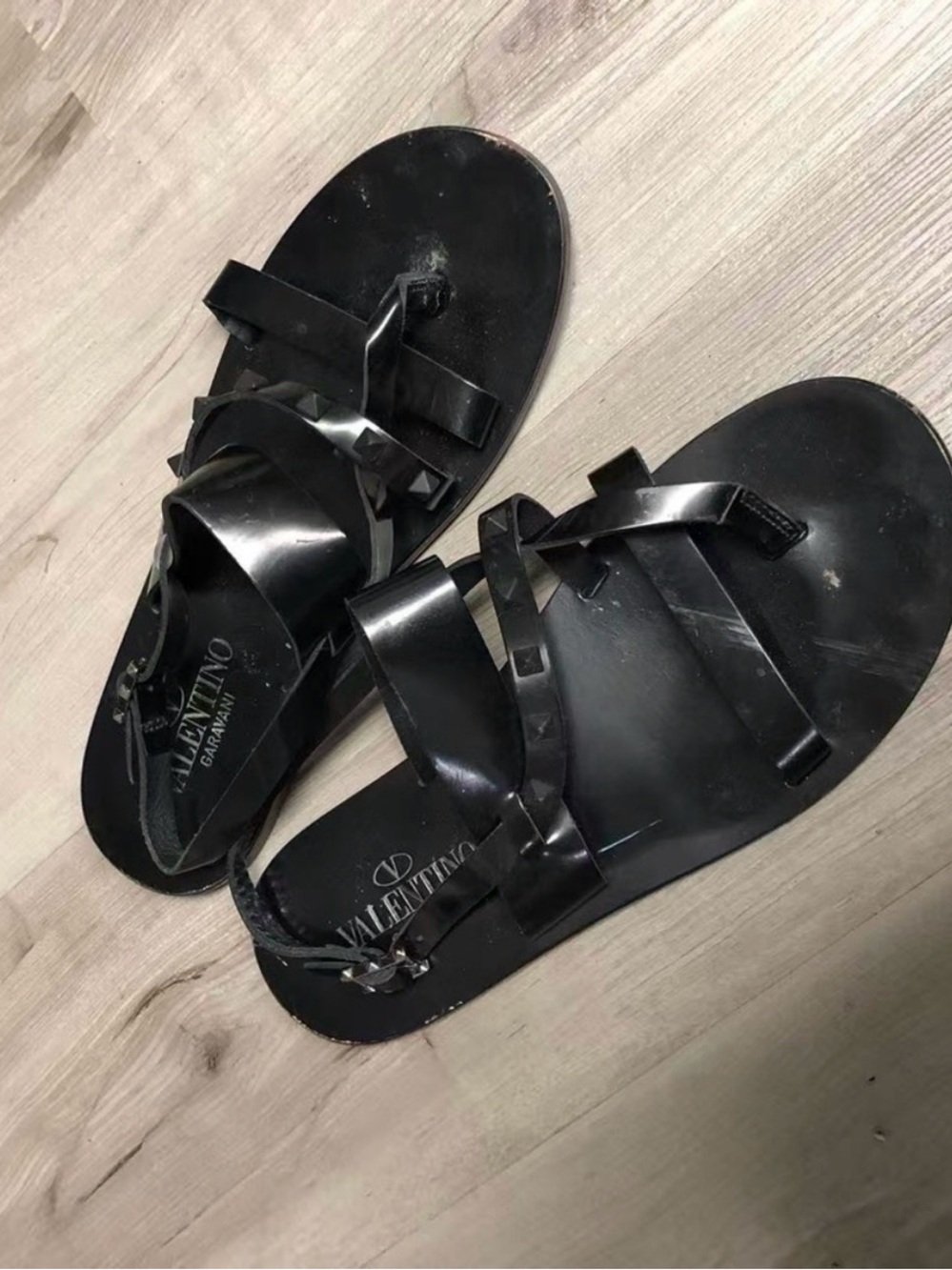 Valentino Garavani Black Studded T-Strap Sandals